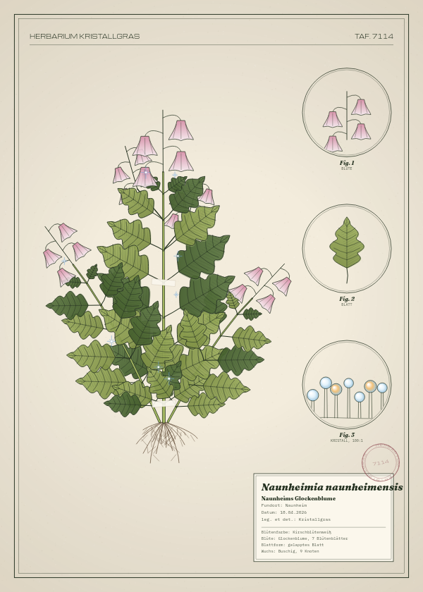 Botanische Tafel: Naunheimia naunheimensis, eine erfundene Pflanze aus Naunheim, gezeichnet wie in einem alten Pflanzenatlas