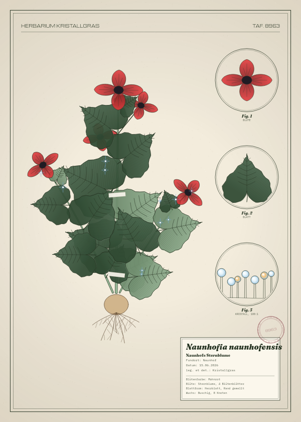 Botanische Tafel: Naunhofia naunhofensis, eine erfundene Pflanze aus Naunhof, gezeichnet wie in einem alten Pflanzenatlas