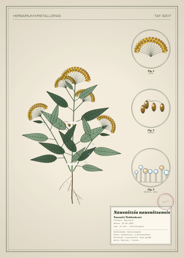 Botanische Tafel: Nausnitzia nausnitzensis, eine erfundene Pflanze aus Nausnitz, gezeichnet wie in einem alten Pflanzenatlas