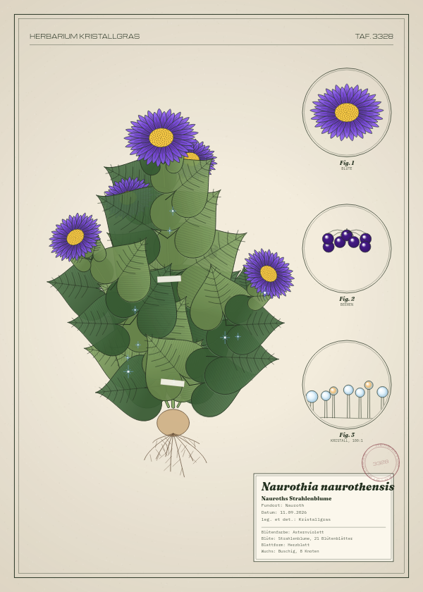 Botanische Tafel: Naurothia naurothensis, eine erfundene Pflanze aus Nauroth, gezeichnet wie in einem alten Pflanzenatlas