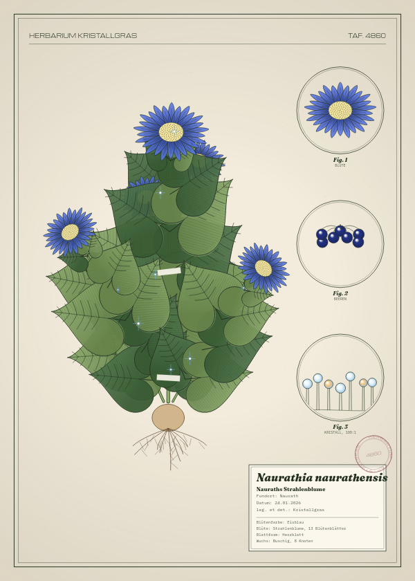 Botanische Tafel: Naurathia naurathensis, eine erfundene Pflanze aus Naurath, gezeichnet wie in einem alten Pflanzenatlas