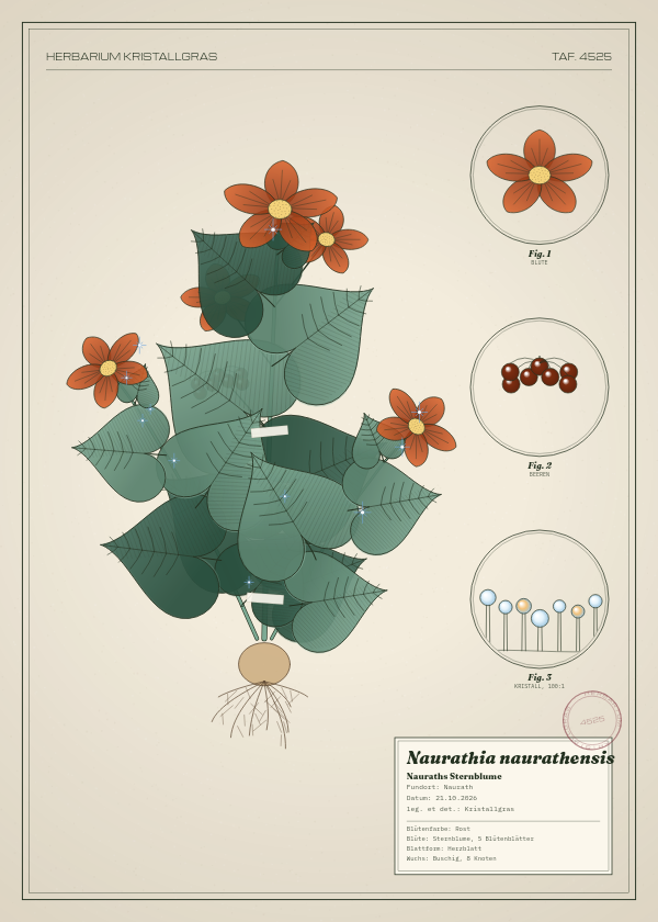 Botanische Tafel: Naurathia naurathensis, eine erfundene Pflanze aus Naurath, gezeichnet wie in einem alten Pflanzenatlas