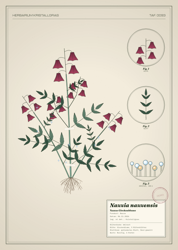 Botanische Tafel: Nazzia nazzensis, eine erfundene Pflanze aus Nazza, gezeichnet wie in einem alten Pflanzenatlas