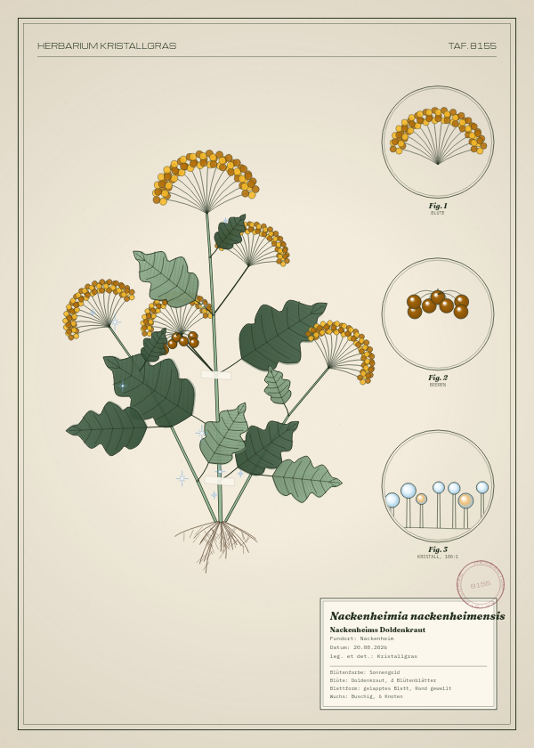 Botanische Tafel: Nackenheimia nackenheimensis, eine erfundene Pflanze aus Nackenheim, gezeichnet wie in einem alten Pflanzenatlas