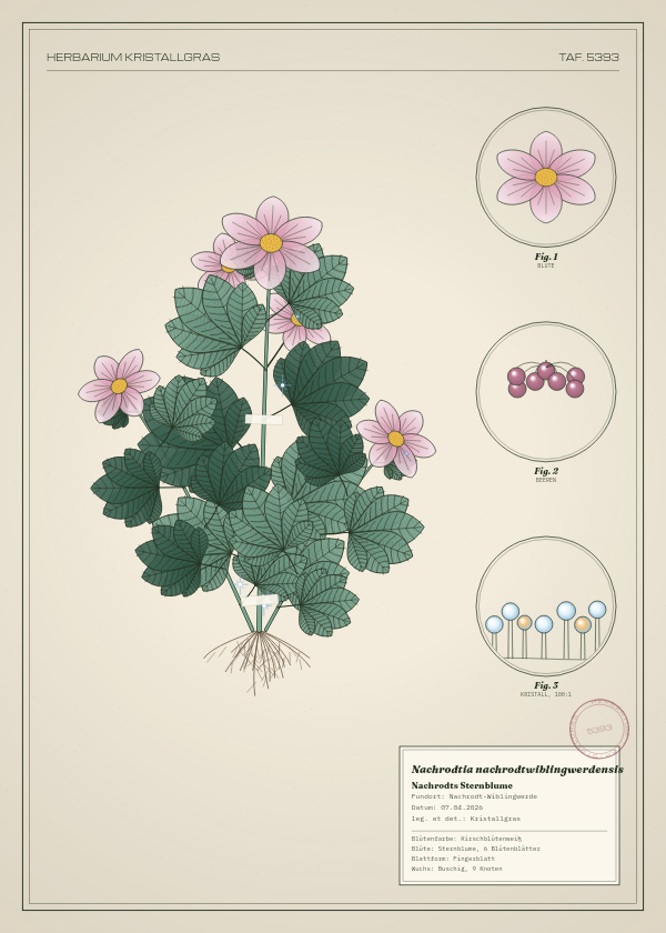 Botanische Tafel: Nachrodtia nachrodtwiblingwerdensis, eine erfundene Pflanze aus Nachrodt-Wiblingwerde, gezeichnet wie in einem alten Pflanzenatlas