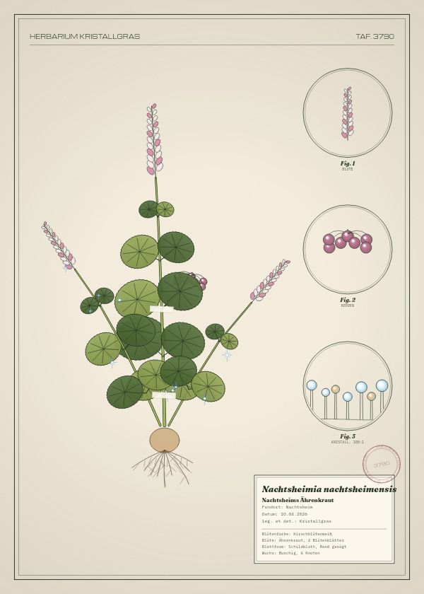 Botanische Tafel: Nachtsheimia nachtsheimensis, eine erfundene Pflanze aus Nachtsheim, gezeichnet wie in einem alten Pflanzenatlas
