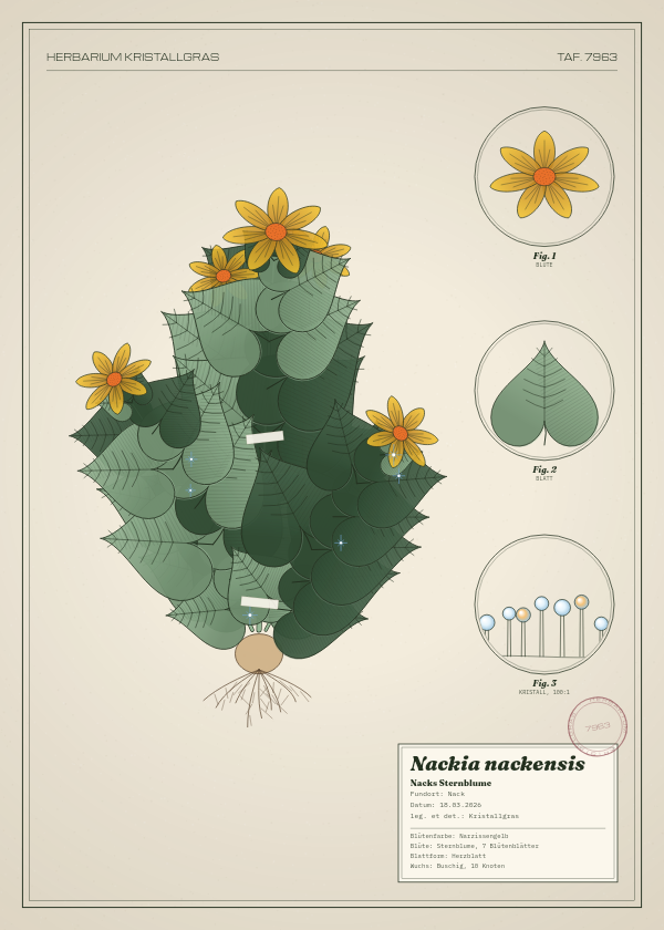 Botanische Tafel: Nackia nackensis, eine erfundene Pflanze aus Nack, gezeichnet wie in einem alten Pflanzenatlas