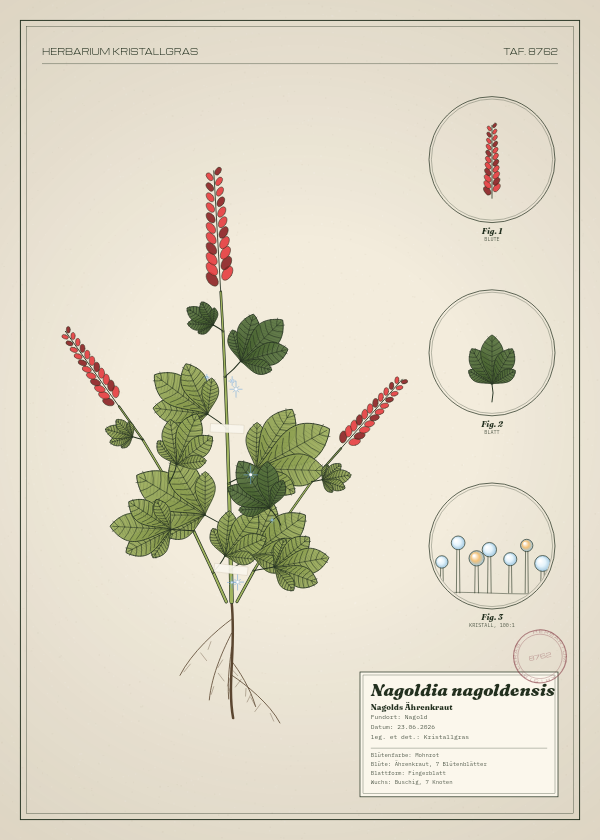 Botanische Tafel: Nagoldia nagoldensis, eine erfundene Pflanze aus Nagold, gezeichnet wie in einem alten Pflanzenatlas
