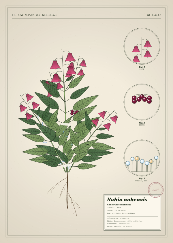 Botanische Tafel: Nahia nahensis, eine erfundene Pflanze aus Nahe, gezeichnet wie in einem alten Pflanzenatlas
