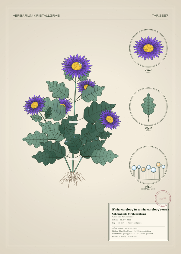 Botanische Tafel: Nahrendorfia nahrendorfensis, eine erfundene Pflanze aus Nahrendorf, gezeichnet wie in einem alten Pflanzenatlas