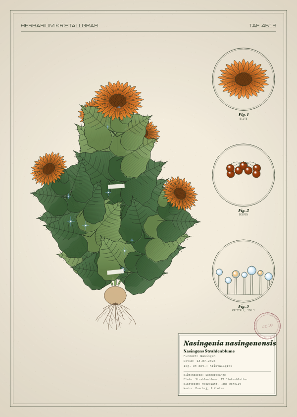 Botanische Tafel: Nasingenia nasingenensis, eine erfundene Pflanze aus Nasingen, gezeichnet wie in einem alten Pflanzenatlas