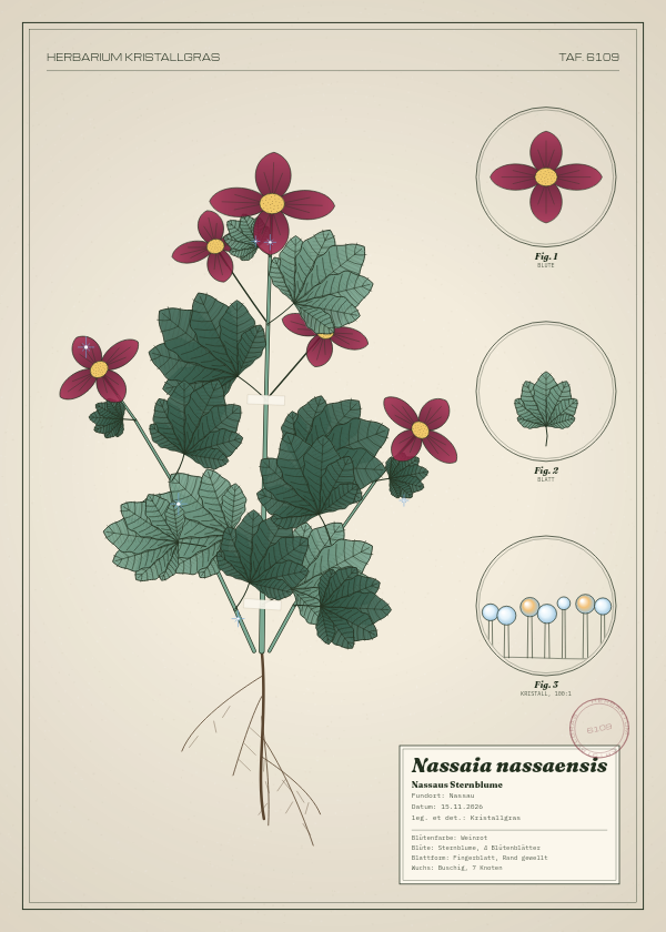Botanische Tafel: Nassaia nassaensis, eine erfundene Pflanze aus Nassau, gezeichnet wie in einem alten Pflanzenatlas