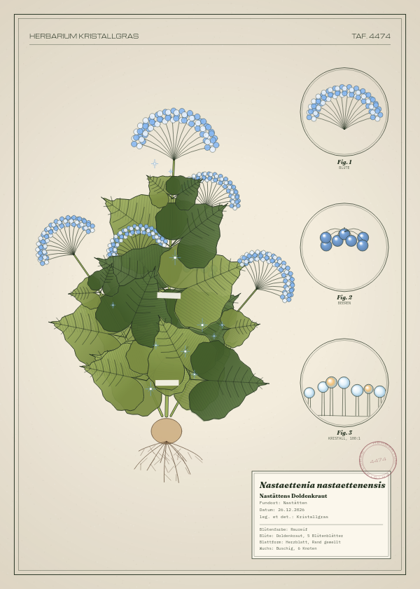 Botanische Tafel: Nastaettenia nastaettenensis, eine erfundene Pflanze aus Nastätten, gezeichnet wie in einem alten Pflanzenatlas