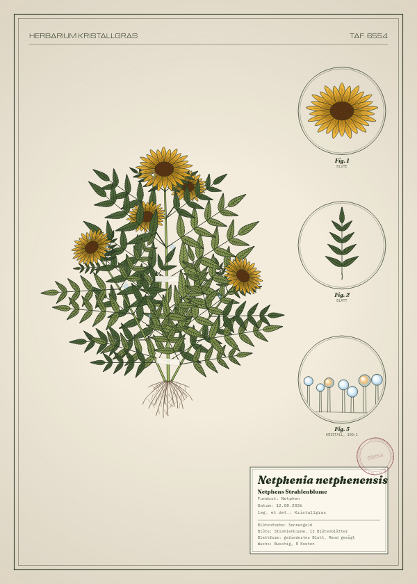 Botanische Tafel: Netphenia netphenensis, eine erfundene Pflanze aus Netphen, gezeichnet wie in einem alten Pflanzenatlas