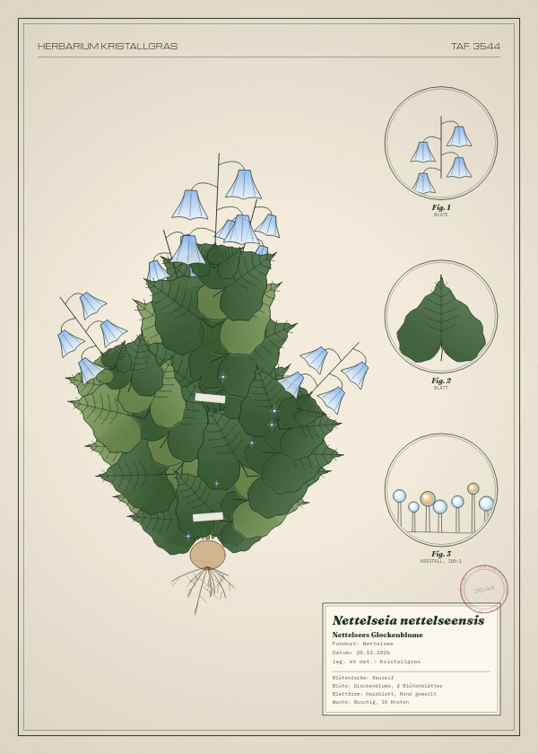 Botanische Tafel: Nettelseia nettelseensis, eine erfundene Pflanze aus Nettelsee, gezeichnet wie in einem alten Pflanzenatlas
