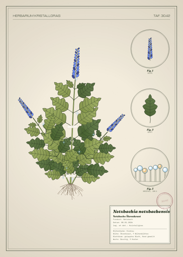 Botanische Tafel: Netzbachia netzbachensis, eine erfundene Pflanze aus Netzbach, gezeichnet wie in einem alten Pflanzenatlas