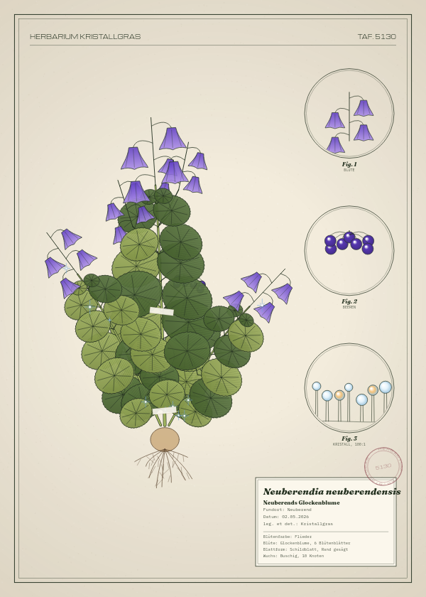 Botanische Tafel: Neuberendia neuberendensis, eine erfundene Pflanze aus Neuberend, gezeichnet wie in einem alten Pflanzenatlas