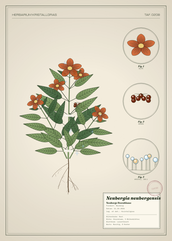 Botanische Tafel: Neubergia neubergensis, eine erfundene Pflanze aus Neuberg, gezeichnet wie in einem alten Pflanzenatlas