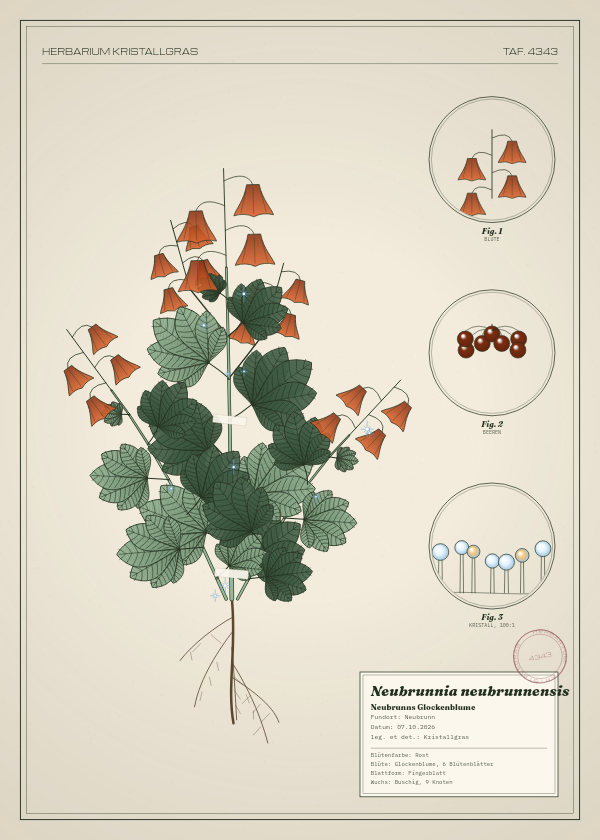 Botanische Tafel: Neubrunnia neubrunnensis, eine erfundene Pflanze aus Neubrunn, gezeichnet wie in einem alten Pflanzenatlas