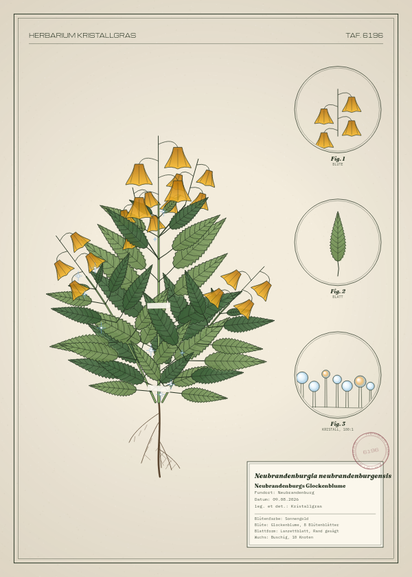 Botanische Tafel: Neubrandenburgia neubrandenburgensis, eine erfundene Pflanze aus Neubrandenburg, gezeichnet wie in einem alten Pflanzenatlas
