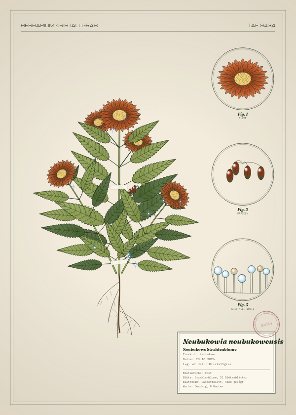 Botanische Tafel: Neubukowia neubukowensis, eine erfundene Pflanze aus Neubukow, gezeichnet wie in einem alten Pflanzenatlas
