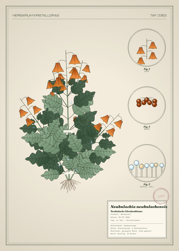Botanische Tafel: Neubulachia neubulachensis, eine erfundene Pflanze aus Neubulach, gezeichnet wie in einem alten Pflanzenatlas