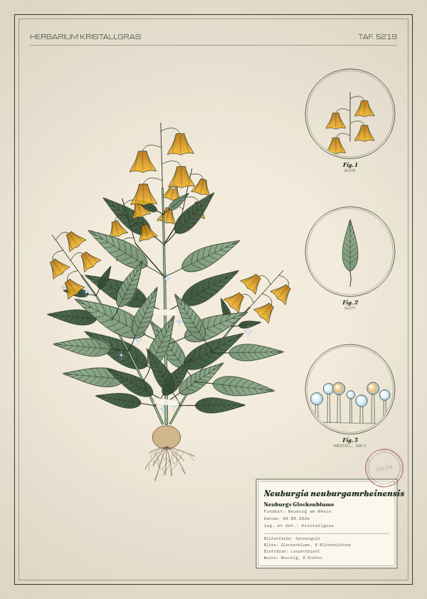 Botanische Tafel: Neuburgia neuburgamrheinensis, eine erfundene Pflanze aus Neuburg am Rhein, gezeichnet wie in einem alten Pflanzenatlas
