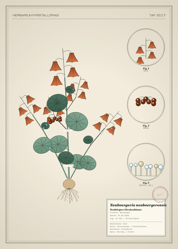 Botanische Tafel: Neuboergeria neuboergerensis, eine erfundene Pflanze aus Neubörger, gezeichnet wie in einem alten Pflanzenatlas