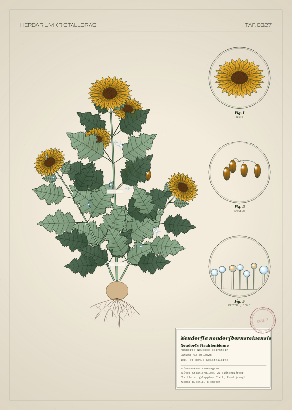 Botanische Tafel: Neudorfia neudorfbornsteinensis, eine erfundene Pflanze aus Neudorf-Bornstein, gezeichnet wie in einem alten Pflanzenatlas