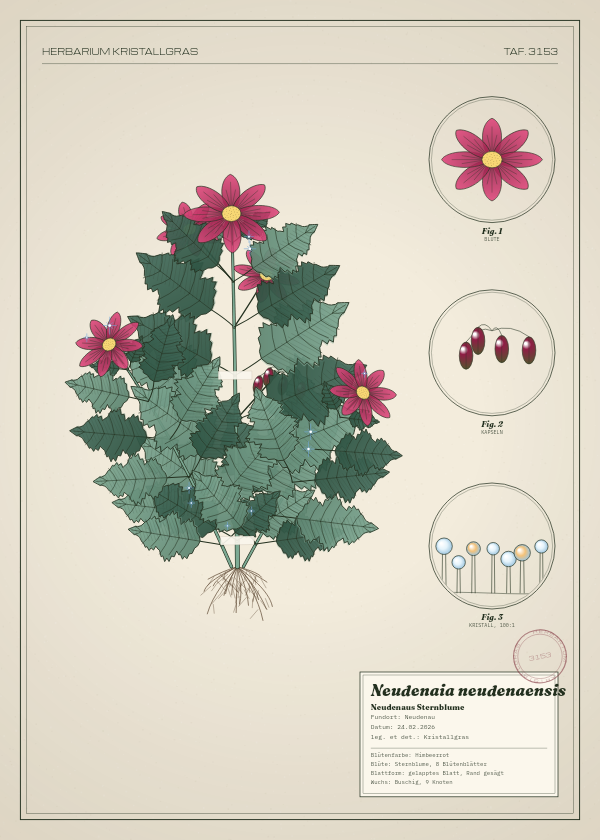Botanische Tafel: Neudenaia neudenaensis, eine erfundene Pflanze aus Neudenau, gezeichnet wie in einem alten Pflanzenatlas