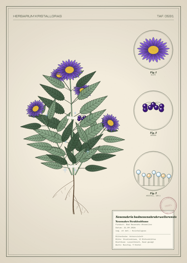 Botanische Tafel: Neuenahria badneuenahrahrweilerensis, eine erfundene Pflanze aus Bad Neuenahr-Ahrweiler, gezeichnet wie in einem alten Pflanzenatlas