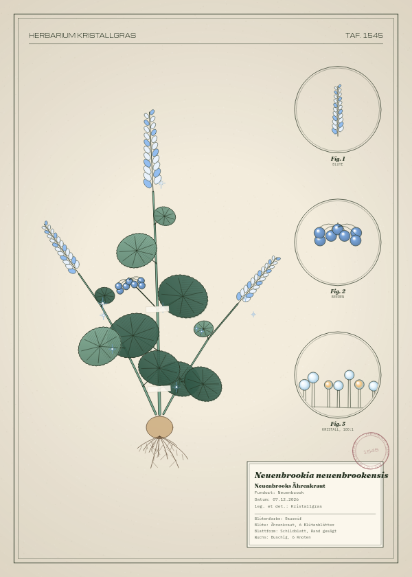Botanische Tafel: Neuenbrookia neuenbrookensis, eine erfundene Pflanze aus Neuenbrook, gezeichnet wie in einem alten Pflanzenatlas