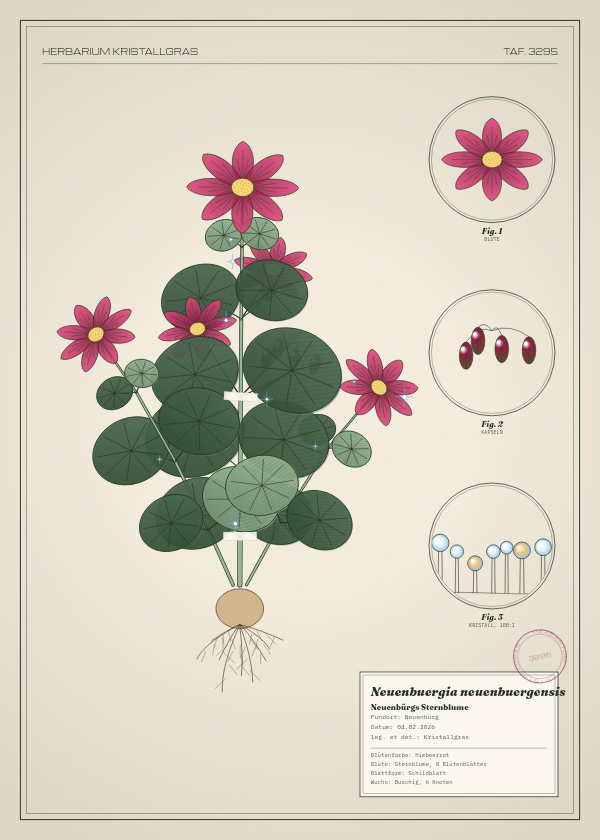 Botanische Tafel: Neuenbuergia neuenbuergensis, eine erfundene Pflanze aus Neuenbürg, gezeichnet wie in einem alten Pflanzenatlas