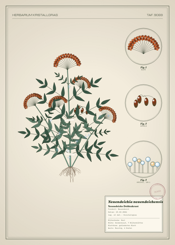 Botanische Tafel: Neuendeichia neuendeichensis, eine erfundene Pflanze aus Neuendeich, gezeichnet wie in einem alten Pflanzenatlas