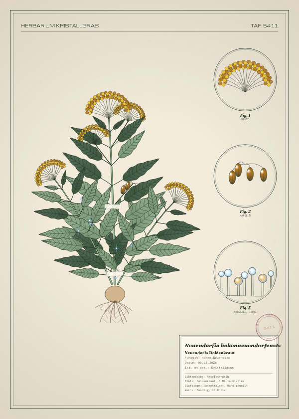 Botanische Tafel: Neuendorfia hohenneuendorfensis, eine erfundene Pflanze aus Hohen Neuendorf, gezeichnet wie in einem alten Pflanzenatlas