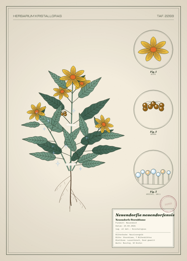 Botanische Tafel: Neuendorfia neuendorfensis, eine erfundene Pflanze aus Neuendorf, gezeichnet wie in einem alten Pflanzenatlas