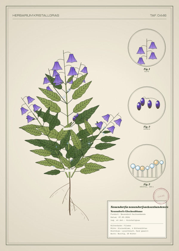Botanische Tafel: Neuendorfia neuendorfsachsenbandensis, eine erfundene Pflanze aus Neuendorf-Sachsenbande, gezeichnet wie in einem alten Pflanzenatlas