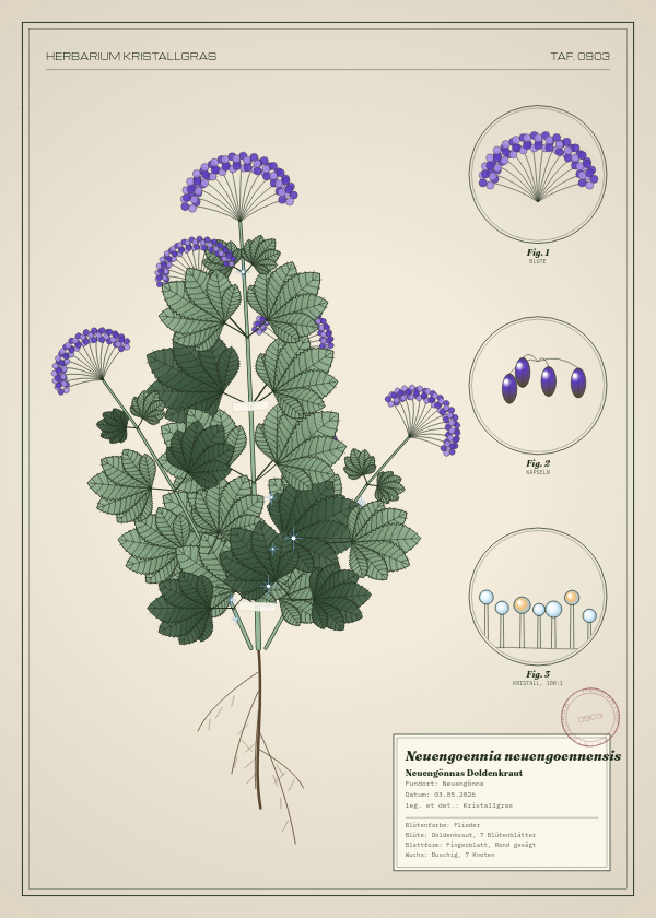 Botanische Tafel: Neuengoennia neuengoennensis, eine erfundene Pflanze aus Neuengönna, gezeichnet wie in einem alten Pflanzenatlas