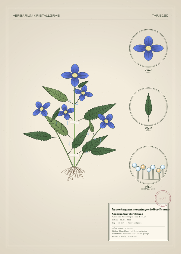 Botanische Tafel: Neuenhagenia neuenhagenbeiberlinensis, eine erfundene Pflanze aus Neuenhagen bei Berlin, gezeichnet wie in einem alten Pflanzenatlas