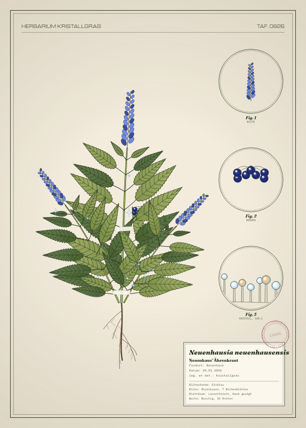 Botanische Tafel: Neuenhausia neuenhausensis, eine erfundene Pflanze aus Neuenhaus, gezeichnet wie in einem alten Pflanzenatlas