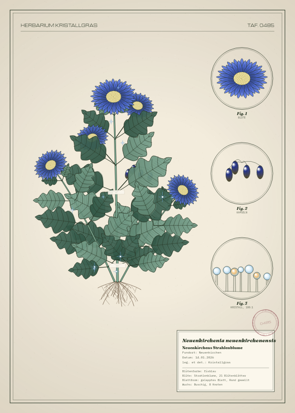 Botanische Tafel: Neuenkirchenia neuenkirchenensis, eine erfundene Pflanze aus Neuenkirchen, gezeichnet wie in einem alten Pflanzenatlas