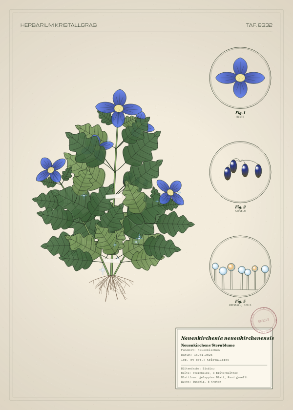 Botanische Tafel: Neuenkirchenia neuenkirchenensis, eine erfundene Pflanze aus Neuenkirchen, gezeichnet wie in einem alten Pflanzenatlas