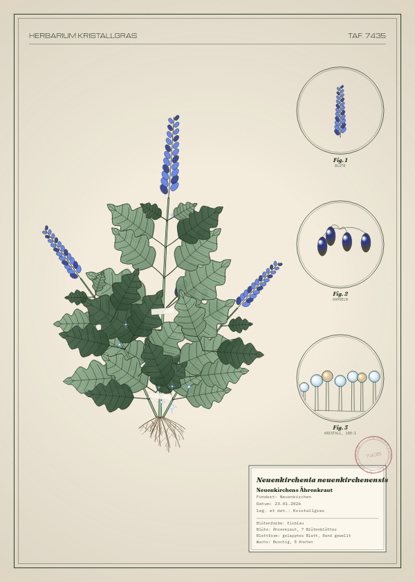 Botanische Tafel: Neuenkirchenia neuenkirchenensis, eine erfundene Pflanze aus Neuenkirchen, gezeichnet wie in einem alten Pflanzenatlas