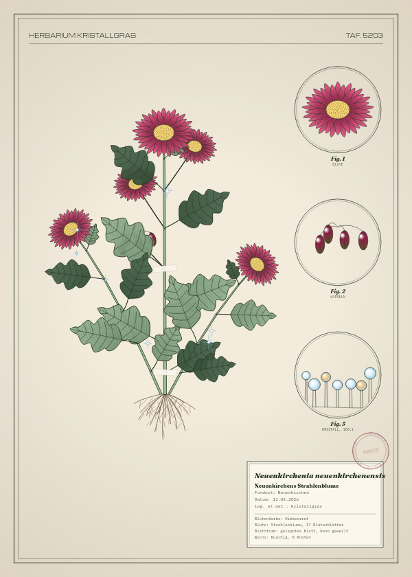 Botanische Tafel: Neuenkirchenia neuenkirchenensis, eine erfundene Pflanze aus Neuenkirchen, gezeichnet wie in einem alten Pflanzenatlas
