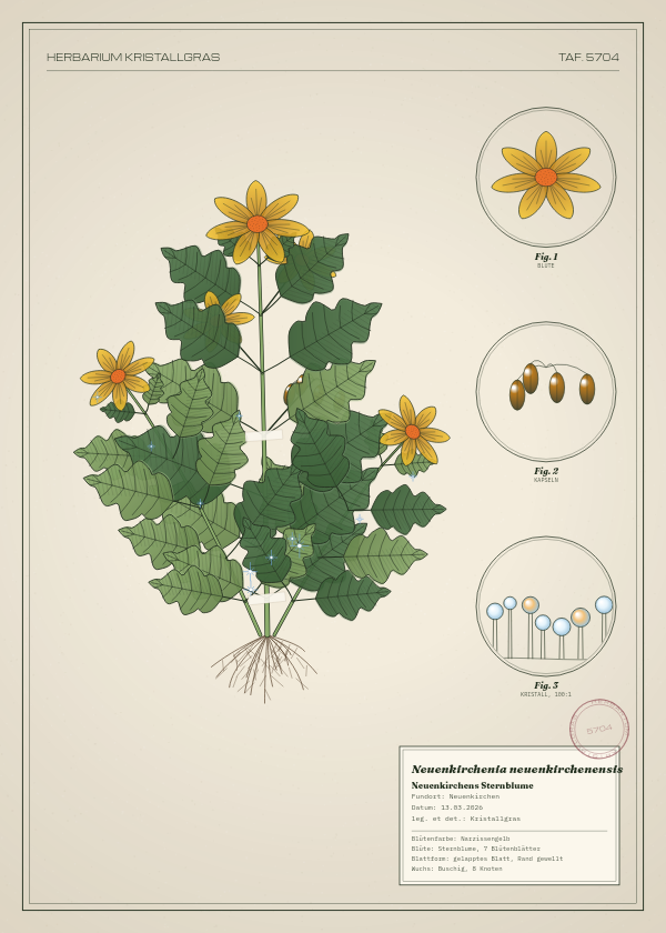 Botanische Tafel: Neuenkirchenia neuenkirchenensis, eine erfundene Pflanze aus Neuenkirchen, gezeichnet wie in einem alten Pflanzenatlas