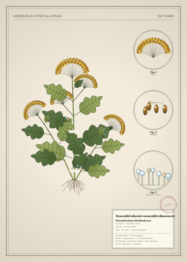 Botanische Tafel: Neuenkirchenia neuenkirchenensis, eine erfundene Pflanze aus Neuenkirchen, gezeichnet wie in einem alten Pflanzenatlas