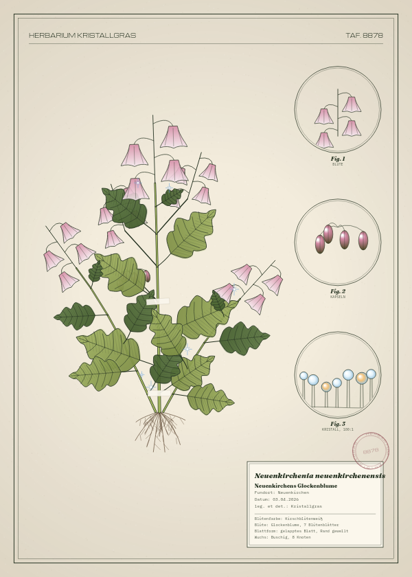 Botanische Tafel: Neuenkirchenia neuenkirchenensis, eine erfundene Pflanze aus Neuenkirchen, gezeichnet wie in einem alten Pflanzenatlas