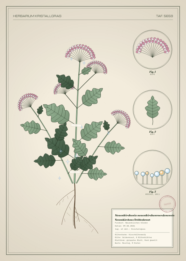 Botanische Tafel: Neuenkirchenia neuenkirchenvoerdenensis, eine erfundene Pflanze aus Neuenkirchen-Vörden, gezeichnet wie in einem alten Pflanzenatlas