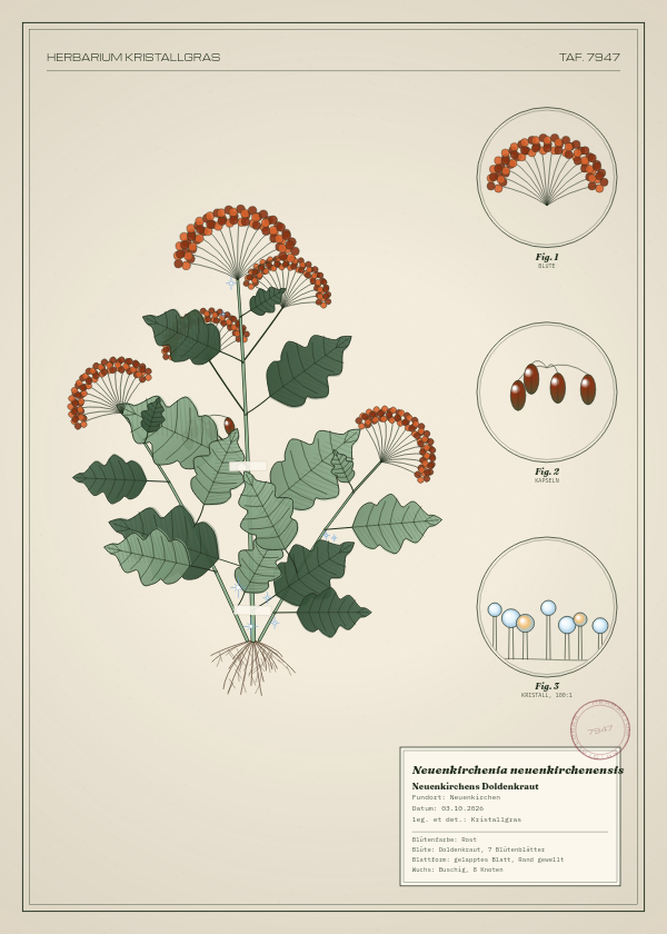 Botanische Tafel: Neuenkirchenia neuenkirchenensis, eine erfundene Pflanze aus Neuenkirchen, gezeichnet wie in einem alten Pflanzenatlas