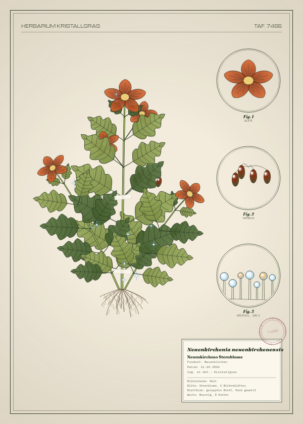 Botanische Tafel: Neuenkirchenia neuenkirchenensis, eine erfundene Pflanze aus Neuenkirchen, gezeichnet wie in einem alten Pflanzenatlas